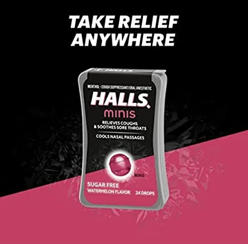 HALLS Minis Watermelon Flavor Sugar Free Cough Drops, 8 Packs of 24 Drops (192 Drops Total)