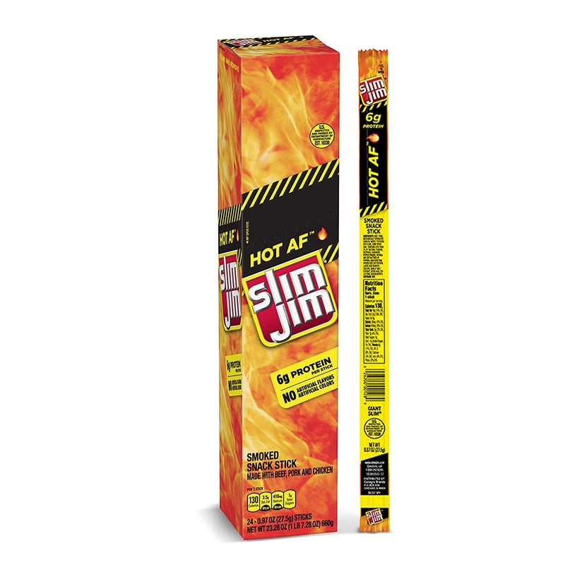 Slim Jim Giant Smoked Meat Snack Stick, Hot Af Flavor, Keto Friendly Snack, 0.97-Oz. Stick 24 Count