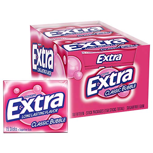 EXTRA Classic Bubble Sugar Free Chewing Gum, 15 Pieces (10 Pack)
