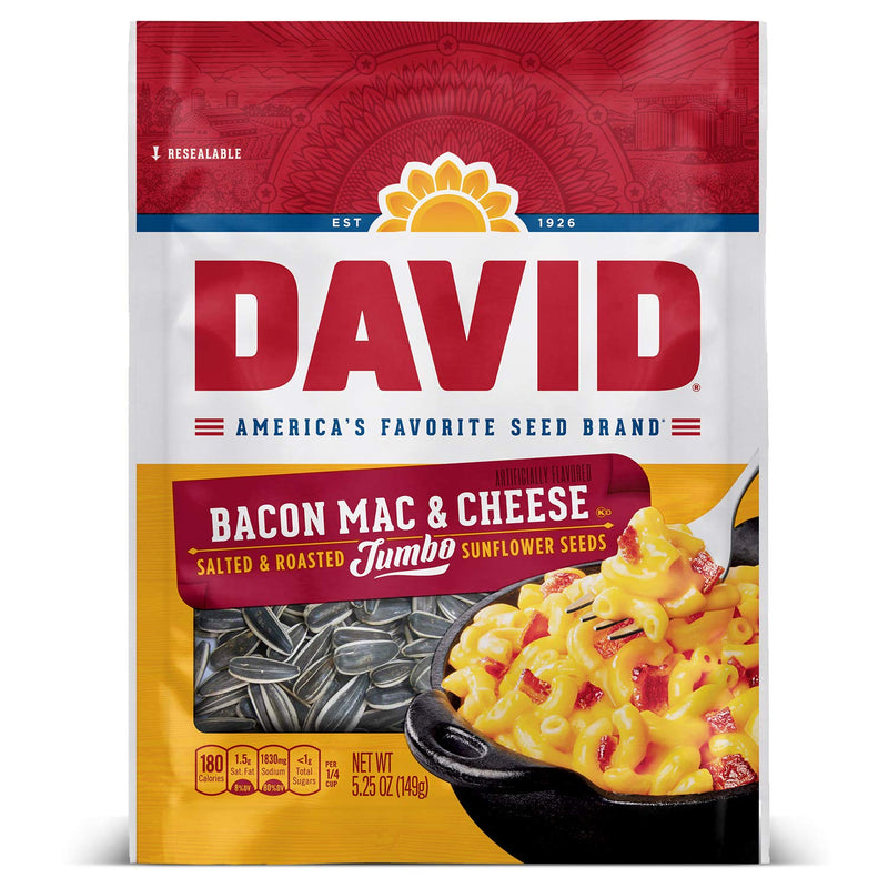 DAVID Seeds Roasted and Salted Bacon Mac & Cheese Jumbo Sunflower Seeds 5.25 oz