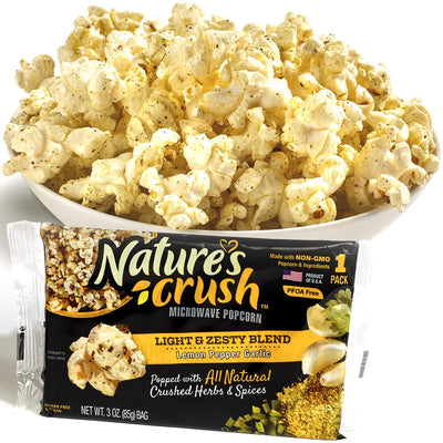 Nature's Crush Natural Microwave Popcorn, Light & Zesty Blend - Lemon Pepper Garlic, Gourmet Crushed Herbs and Spices (16 bags)