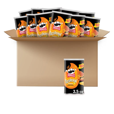 Pringles Scorchin', Potato Crisps Chips, Cheddar, Fiery Spicy Snacks, 2.5 oz Cans (12 Count)