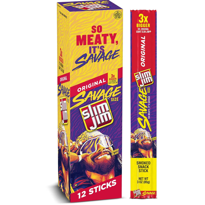 Slim Jim Meat Sticks Savage Original, 3 Oz (Pack Of 12)