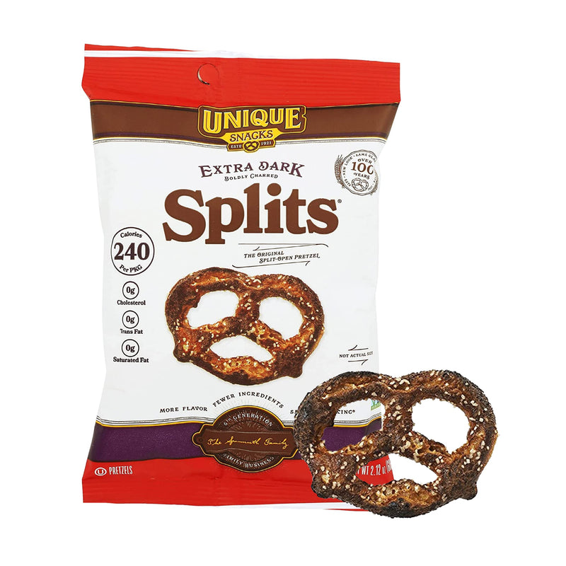 Unique Snacks Extra Dark Splits Pretzels, Original Split-Open Pretzels, Delicious Homestyle Baked Snack Bag, Vegan, OU Kosher, and Non-GMO Food, No Artificial Flavor, 2.12 Oz. Bag, Pack of 24