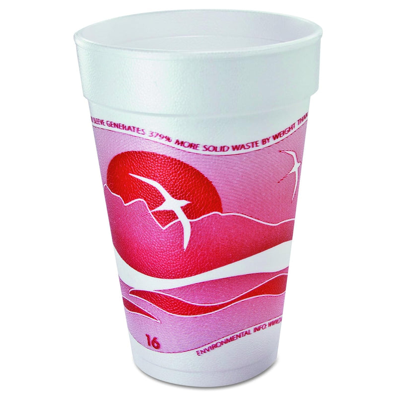 DART 16J16H Horizon Foam Cup, Hot/Cold, 16oz., Printed, Cranberry/White, 25 per Bag (Case of 40) 1,000 Cups