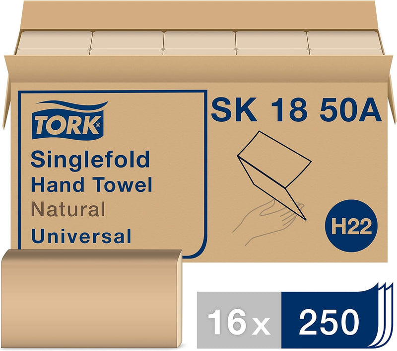 Tork Singlefold Paper Hand Towel Natural H22, Universal, 100% Recycled Fibers, 16 x 250 Sheets, SK1850A