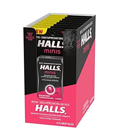 HALLS Minis Watermelon Flavor Sugar Free Cough Drops, 8 Packs of 24 Drops (192 Drops Total)
