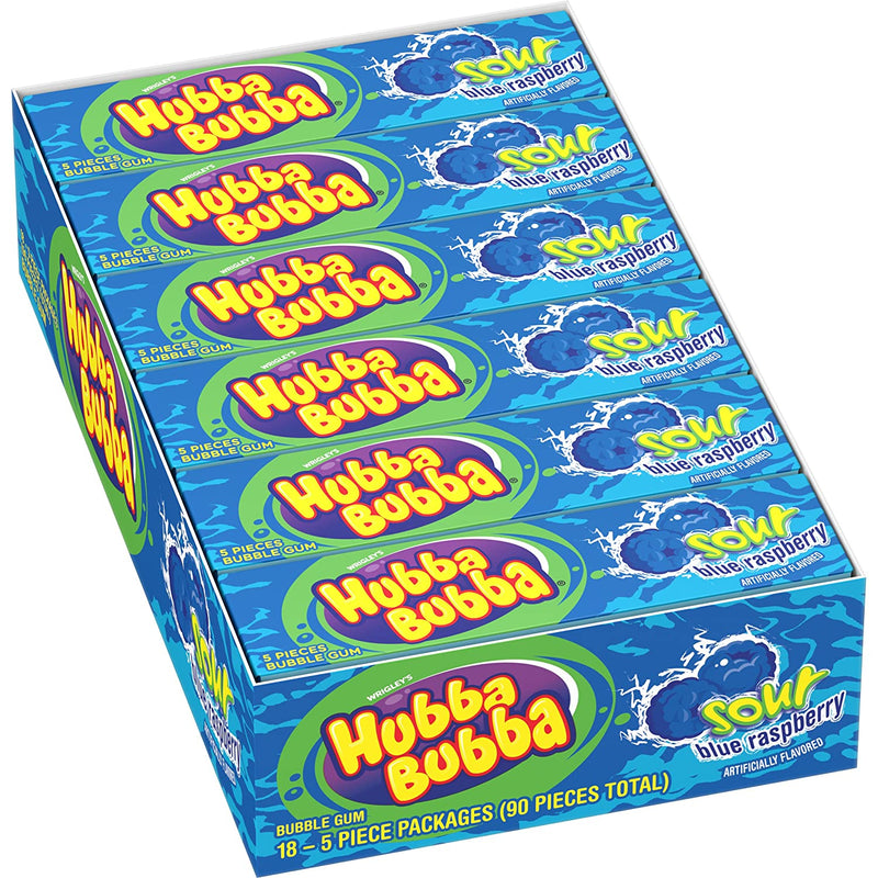 Hubba Bubba Sour Blue Raspberry Bubble Gum, 5 Piece (Pack of 18)