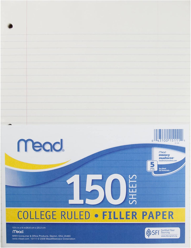 Mead Loose Leaf Paper, Filler Paper, College Ruled, 150 Sheets, 10-1/2" x 8", 3 Hole Punched (24-Pack)