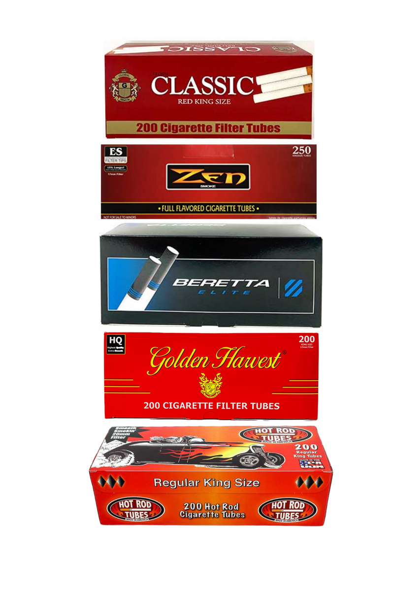 King Size Cigarette Tube Variety Pack Berette, Zen, Hot Rod, Golden Harvest, Classic Red [5-Cartons]