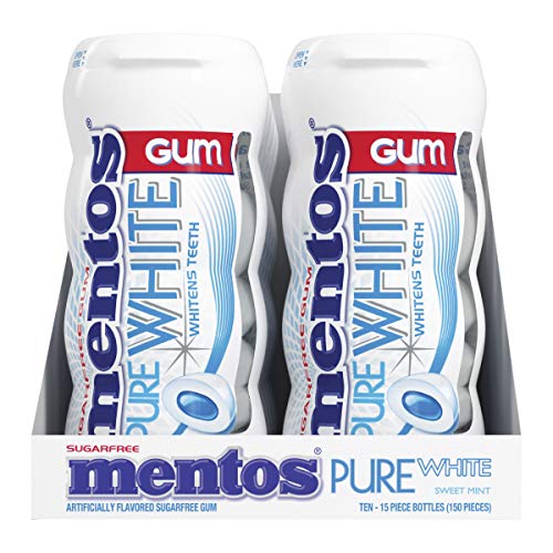Mentos Pure White Sugar-Free Chewing Gum with Xylitol, Sweet Mint, 15 Piece Bottle (Bulk Pack of 10) (0723065)