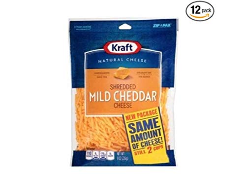 Kraft Zip Pak Shredded Mild Cheddar Cheese, 8 Ounce -- 12 per case.