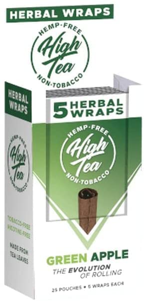 High Tea Non Tobacco All Natural Herbal Smoking Wraps - Green Apple - 125 Self Rolling Wraps, Made from Tea Leaves(Full Box)