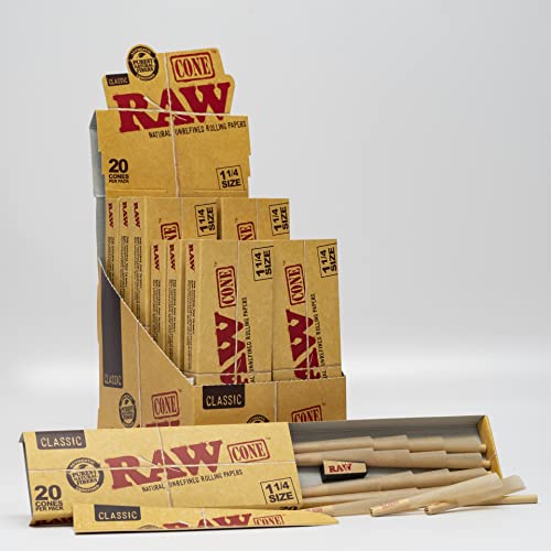 RAW Cones 1 1/4 Size: 20 Pack - Patented Slow Burning Pre Rolled Cones & Tip Box of 12 Packs, 240 Total Cones