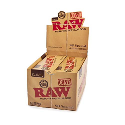 RAW Cones Classic 98s Size | 12 Packs | Natural Pre Rolled Rolling Paper with Tips | 20 Cones per Pack