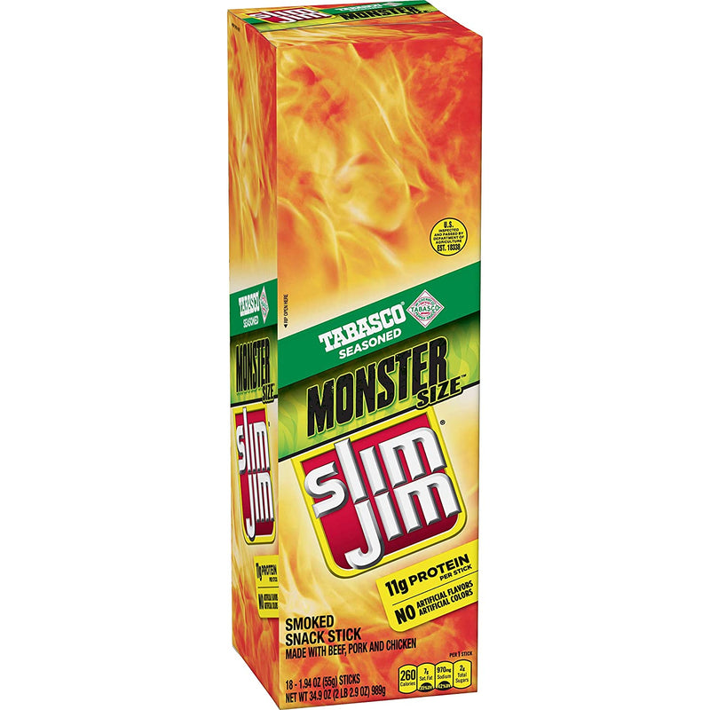 Slim Jim Monster Smoked Meat Sticks Tabasco 1.94 Oz. Sticks (18 Count)