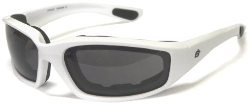 Airsoft Safety Glasses Sunglasses With White Frame and Smoked Lenses with Foam Padding to Keep Sweat Out of Your Eyes Has Scratch Resistant Coating and 100% Antifog