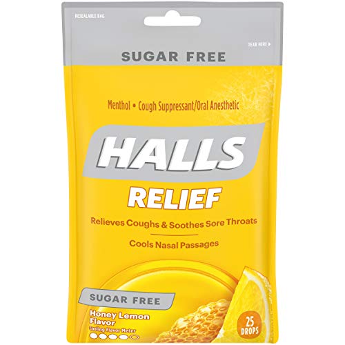 HALLS Relief Sugar Free Honey-Lemon Flavor Cough Drops, 1 Bag (25 Total Drops)
