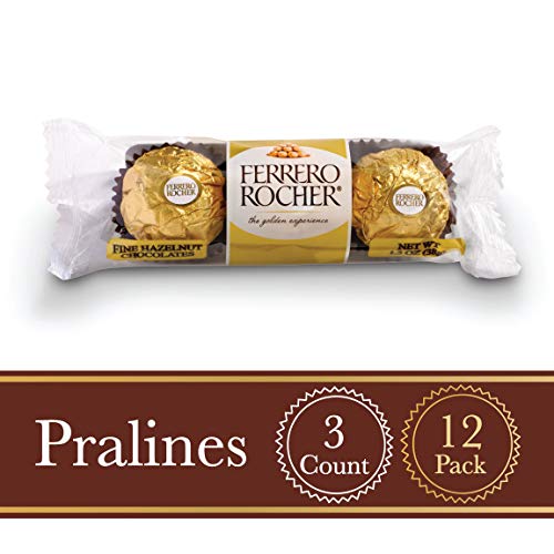 Ferrero Rocher Fine Hazelnut Milk Chocolate, 3 Count, Pack of 12 Individually Wrapped Chocolate Candy Gifts, 1.3 oz