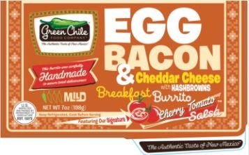 Green Chile Breakfast Burrito Egg Bacon Cheese w Hashbrowns 7 Ounce 12 Count Wholesale