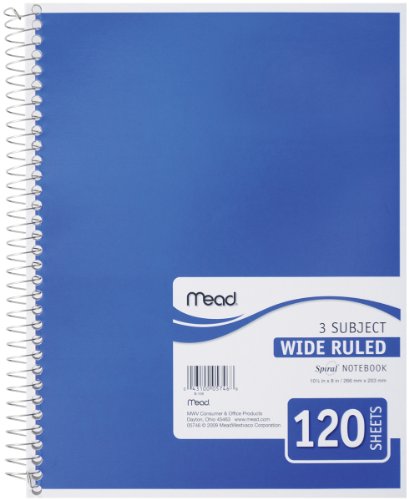 Mead Spiral Notebook 3 Subject Wide Ruled Paper 120 Sheets 10-1/2 x 7-1/2 inches