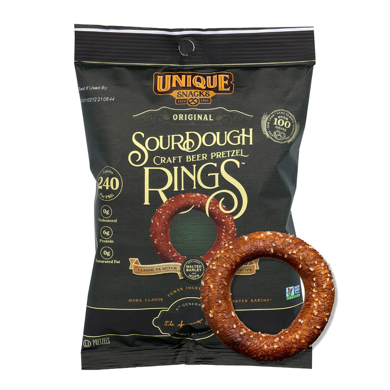 Unique Snacks Sourdough Craft Beer Pretzel Rings, Delicious, Homestyle Baked, Certified OU Kosher and Non-GMO, 2.12 Ounce Bag (Pack of 24)