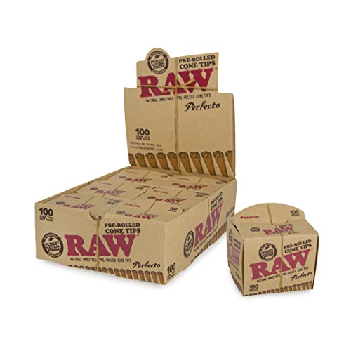 RAW Classic Natural Unrefined Rolling Papers - Perfecto Pre Rolled Cone Tips - 6 Packs Per Box - 100 Tips Per Pack